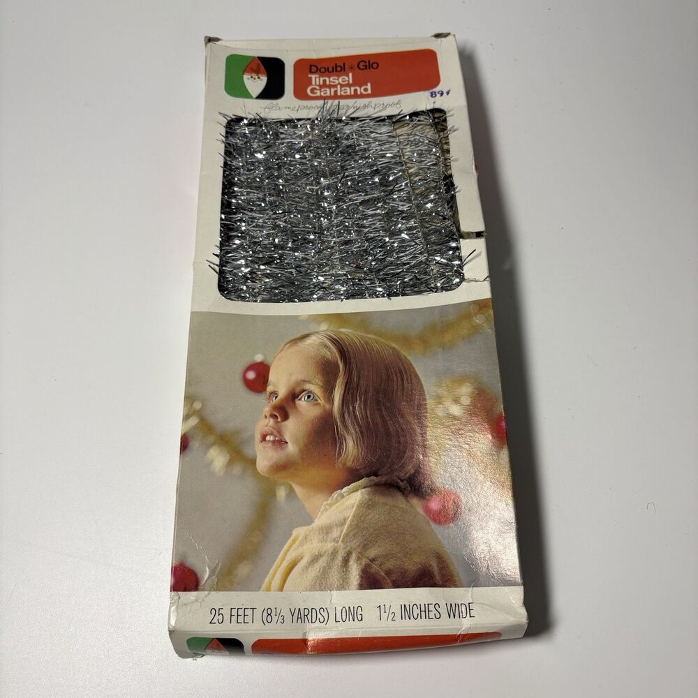 Vintage 1960's MCM Retro Silver Tinsel Christmas Tree Garland 25 Feet NOS